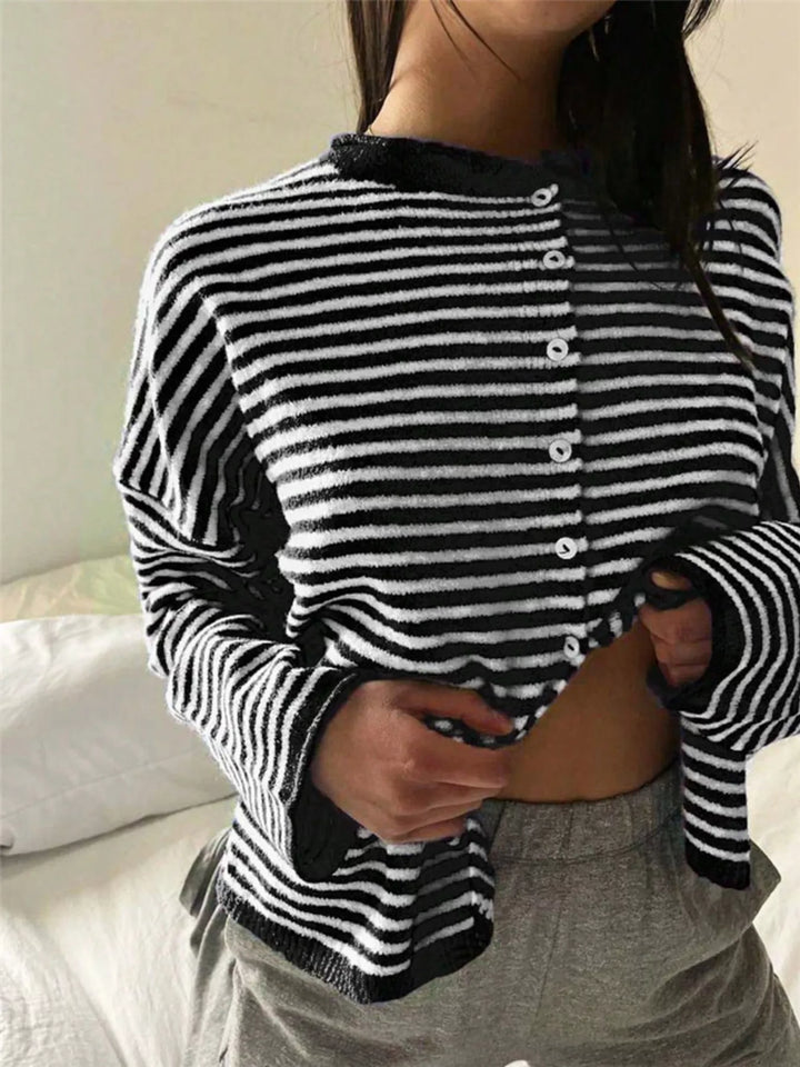 Striped lightweight knit button-front cardigan
