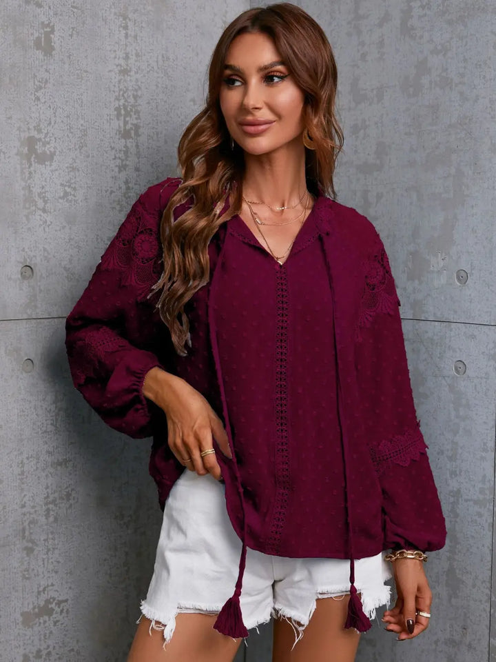 Crochet trim swiss dot tie-neck long sleeve blouse
