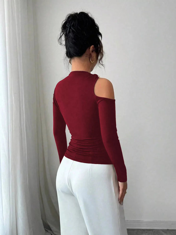Cutout one-shoulder long sleeve top with ring detail
