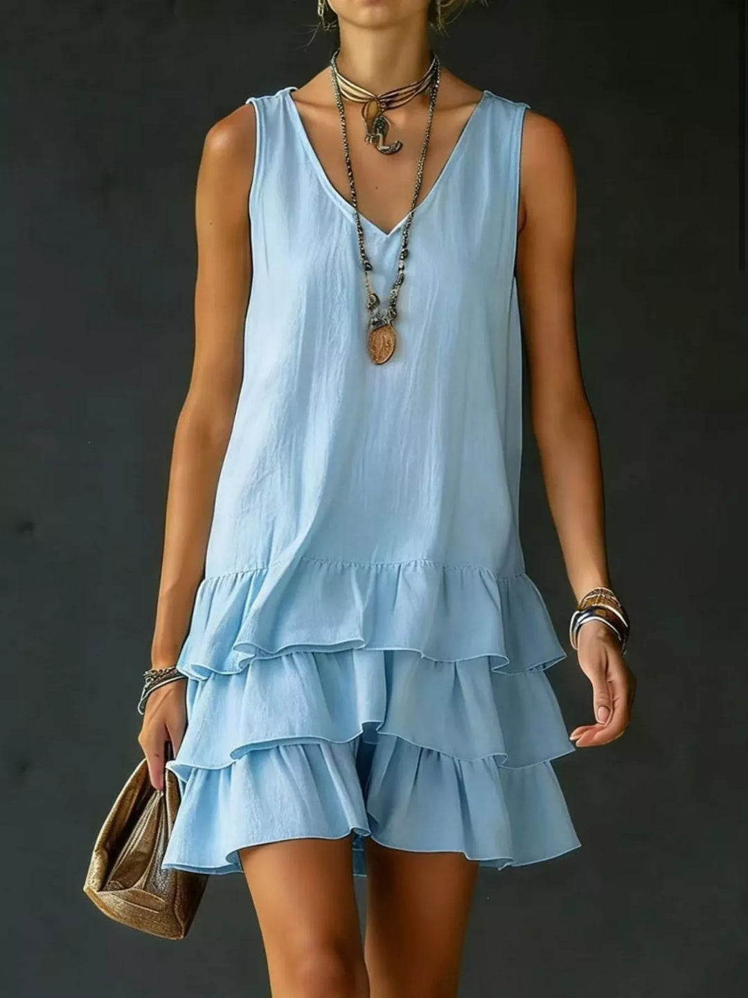 Blue Tiered ruffle hem V-neck sleeveless mini dress