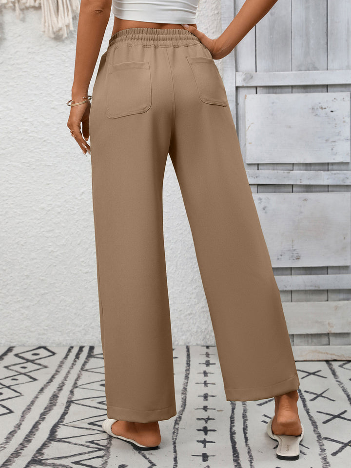Drawstring wide leg pants with patch pockets