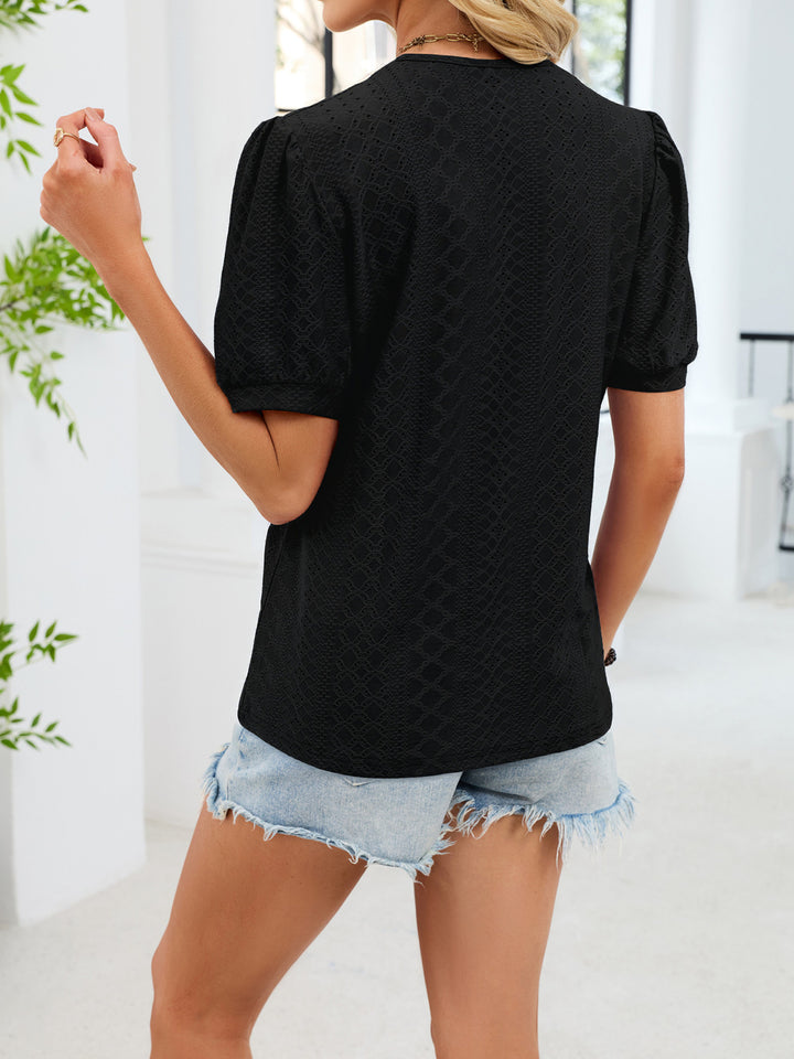 Lace-trim V-neck eyelet top with puff sleeves