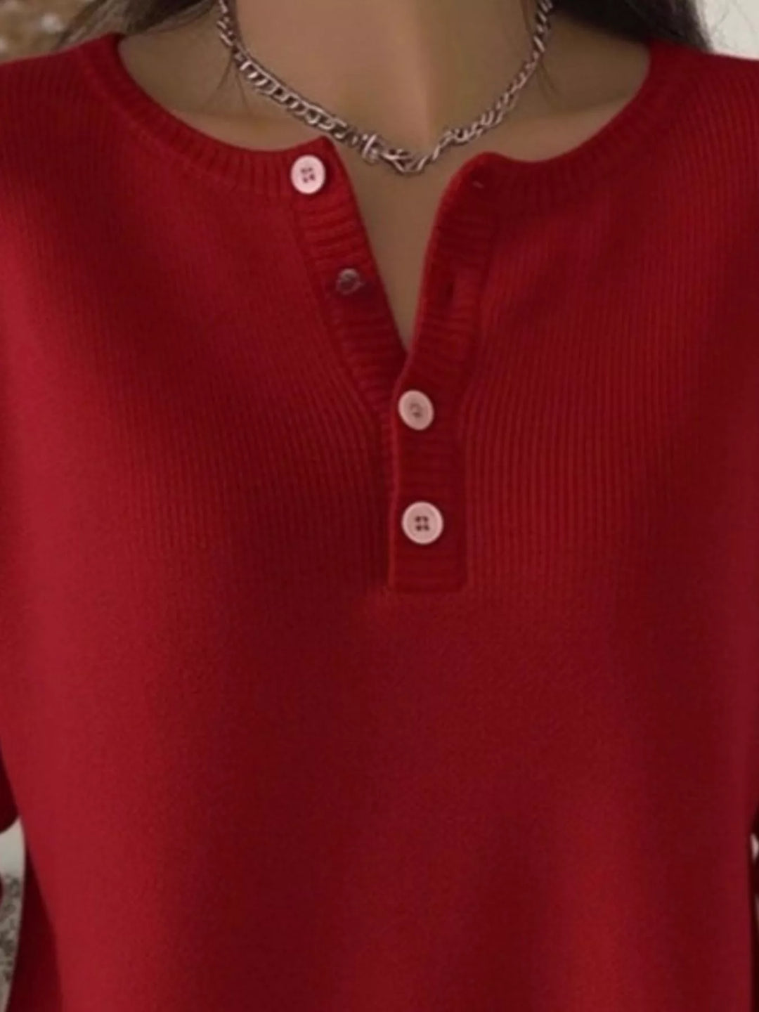 Henley button knit sweater with ribbed trim