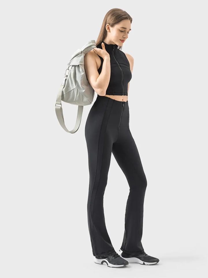 High-waist flare active pants with front zip detail