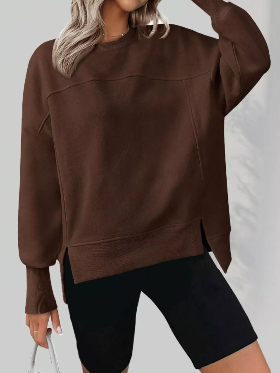 Brown Side slit drop-shoulder relaxed crewneck sweatshirt