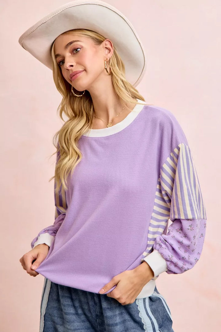 Mix-print waffle knit sweatshirt with striped and floral sleeves