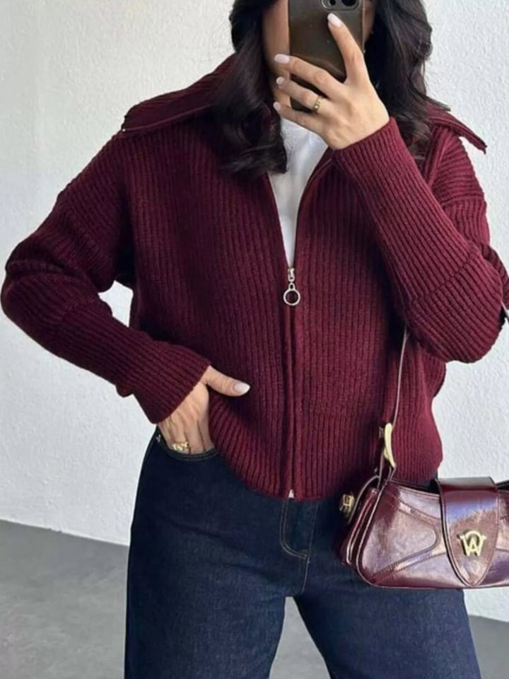 Chunky two-way zip sweater jacket with foldover collar