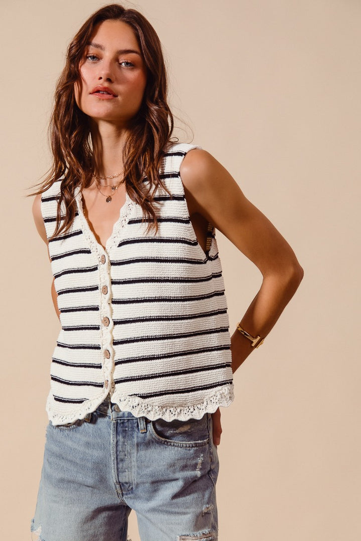 OFF WHITE/BLACK Striped knit button-down sweater vest with crochet trim