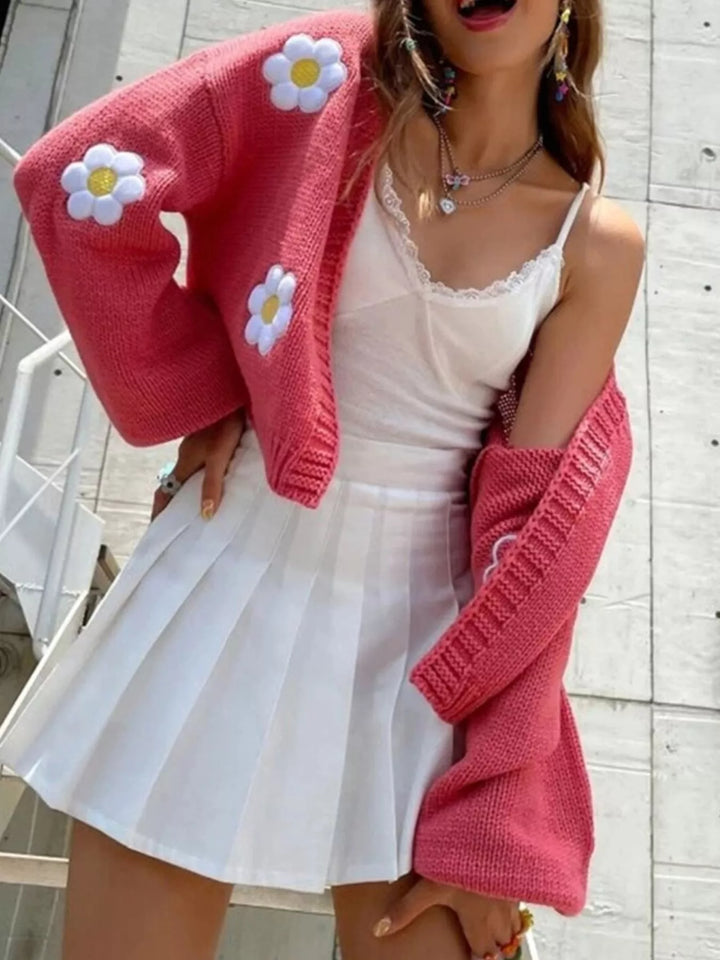 Daisy appliqué open front chunky knit cardigan