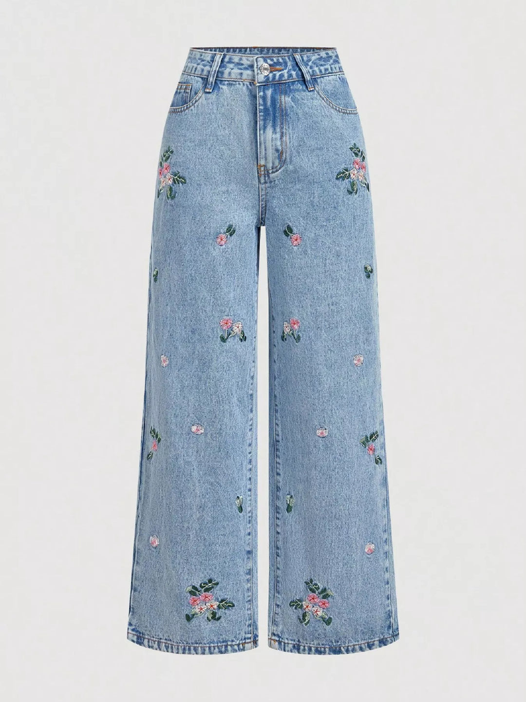 Floral embroidered high-rise wide leg jeans