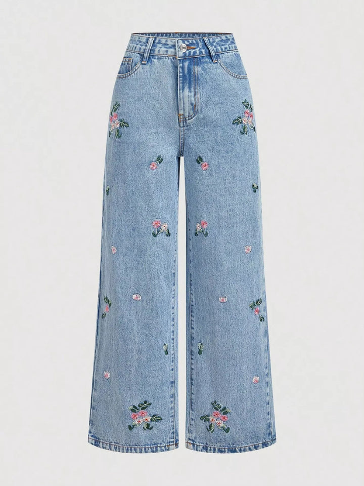 Floral embroidered high-rise wide leg jeans