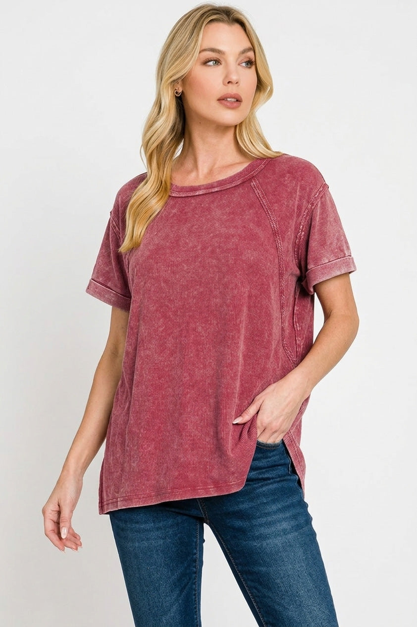 Washed ribbed knit tee with rolled cuffs and raglan sleeves