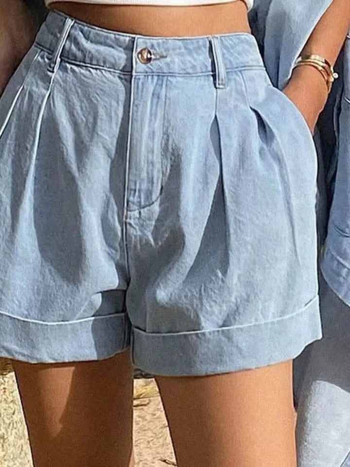 Oversized denim button-up shirt and cuffed shorts set