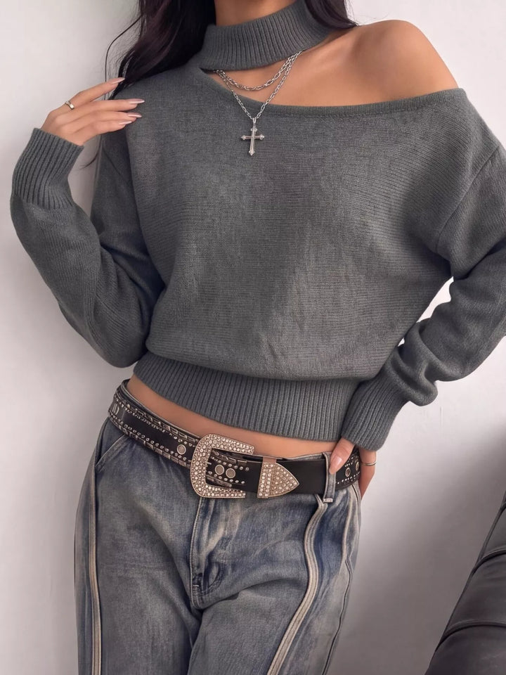 Gray Cutout mock neck one-shoulder knit sweater