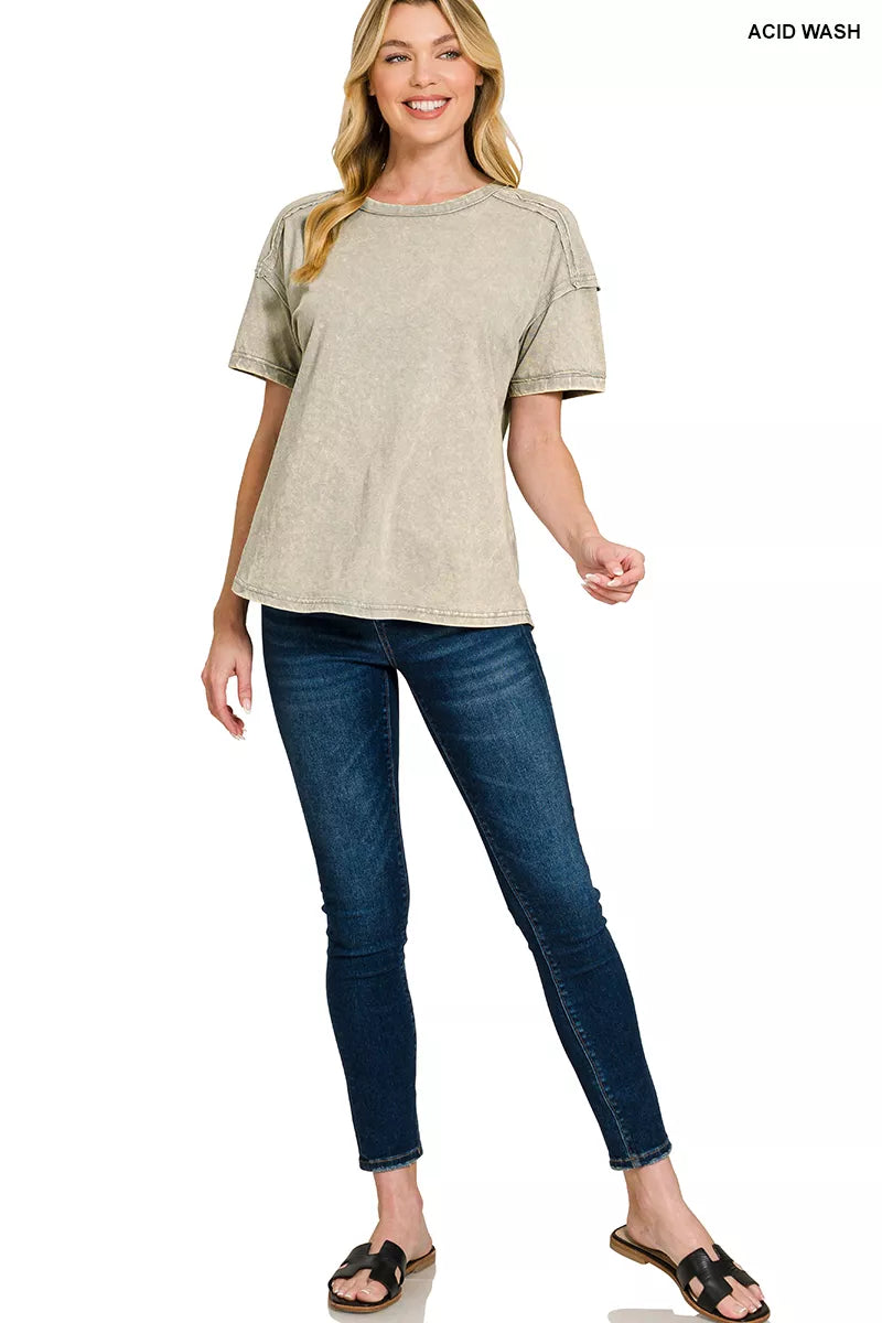 Acid wash round neck cotton tee with exposed seams