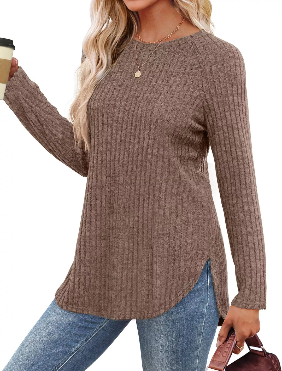 Ribbed knit crew neck long sleeve top with curved hem