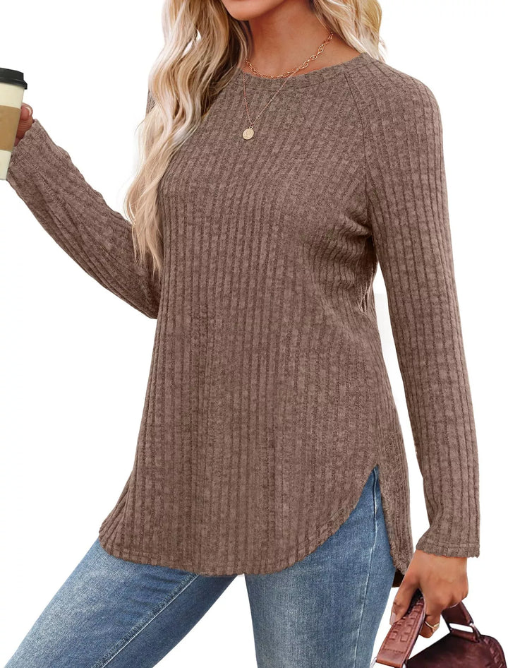 Ribbed knit crew neck long sleeve top with curved hem