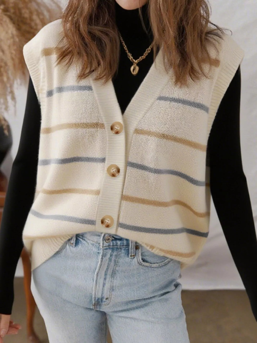Beige Striped V-neck button-front knit sweater vest
