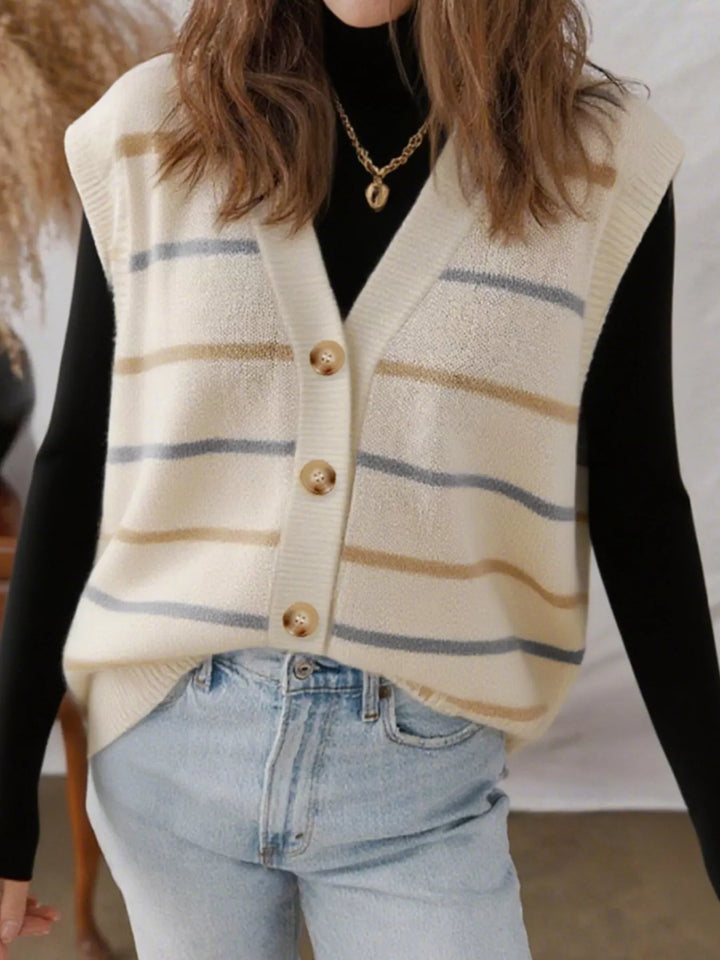 Beige Striped V-neck button-front knit sweater vest