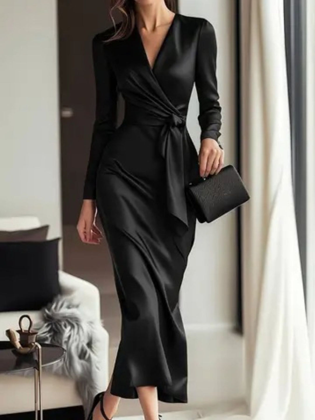 Black Ruched satin maxi dress with tie waist and long sleeves