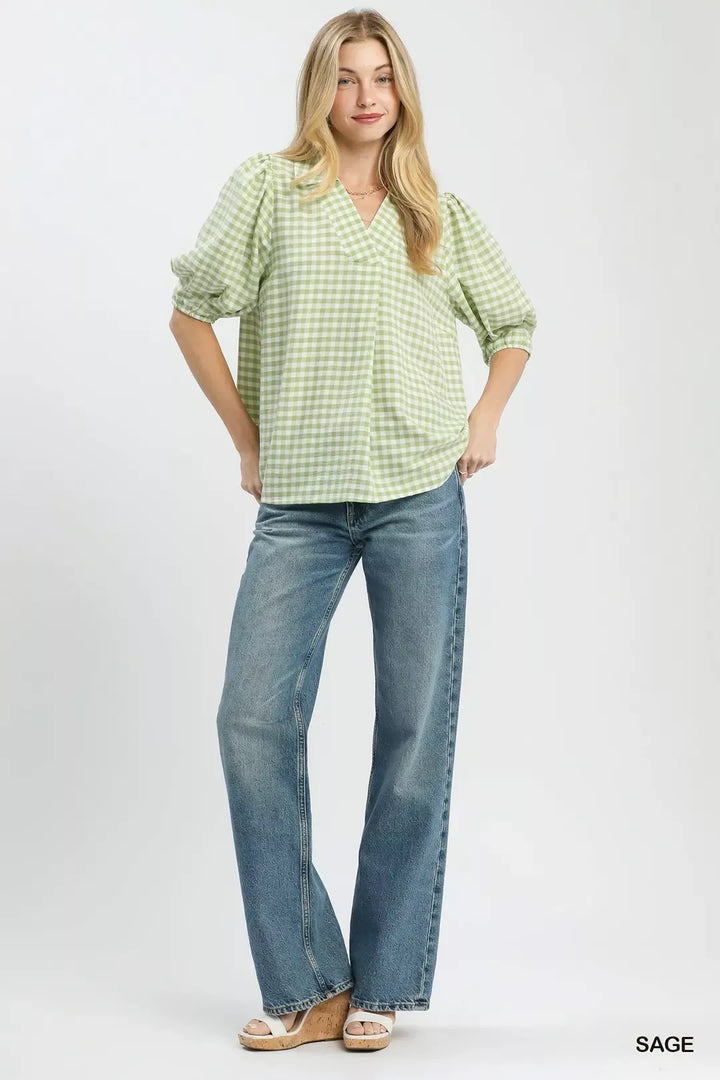 Gingham puff sleeve collared blouse with split V-neck