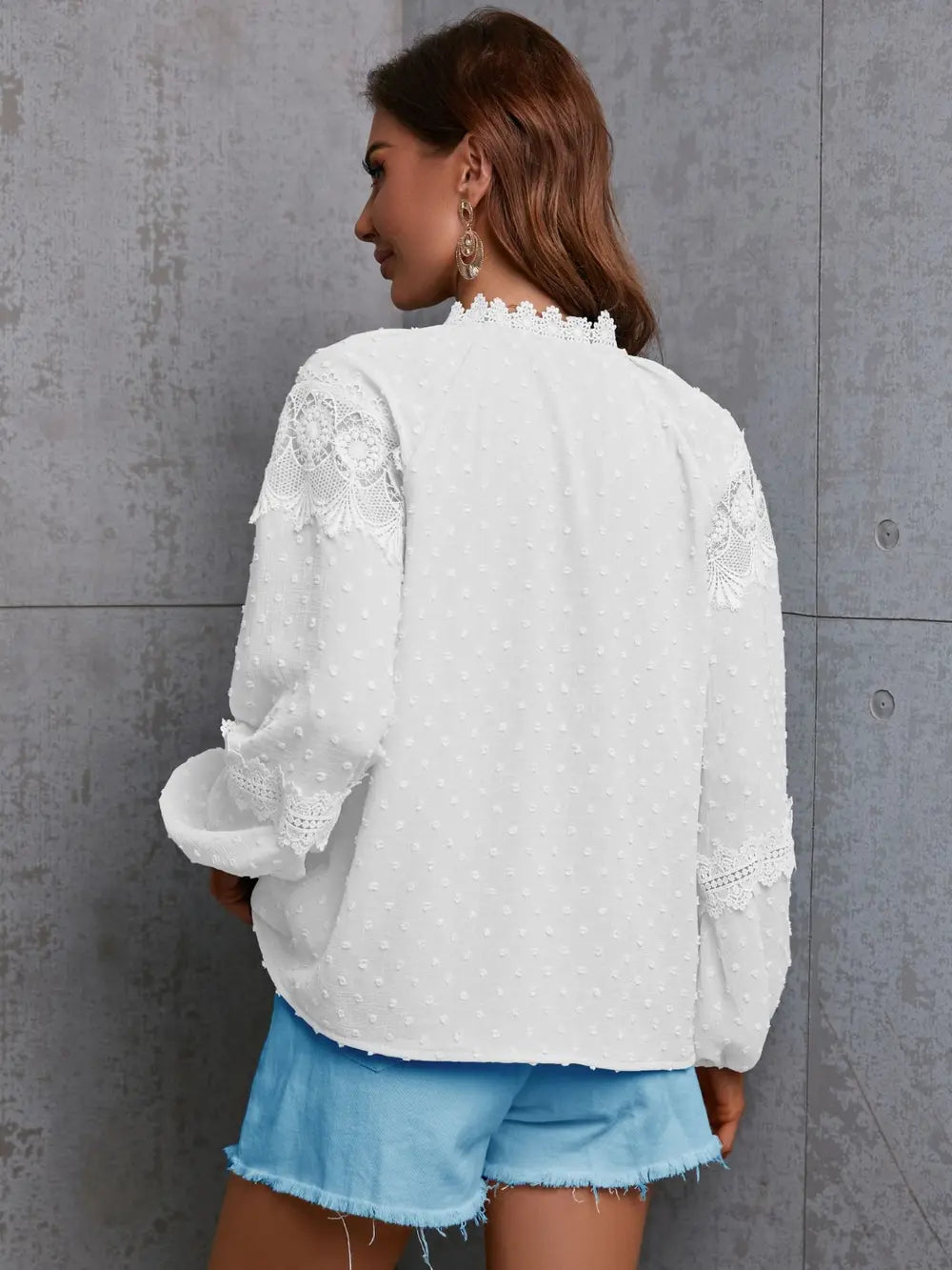 Crochet trim swiss dot tie-neck long sleeve blouse