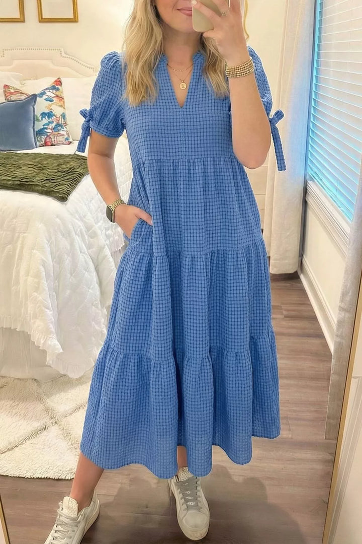 Tiered midi dress with notched neckline and tie sleeves