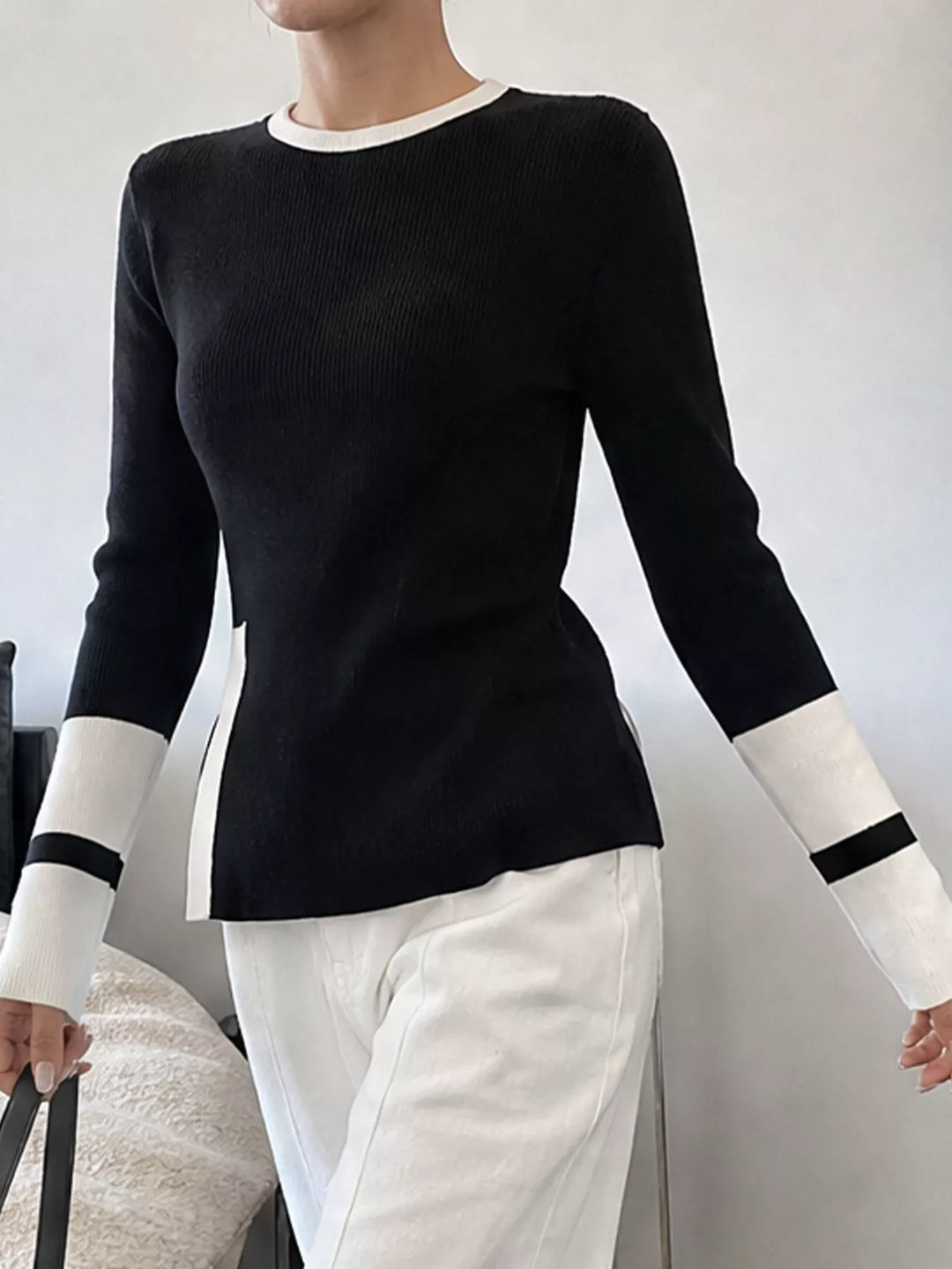 Black Ribbed knit side slit sweater with contrast trim