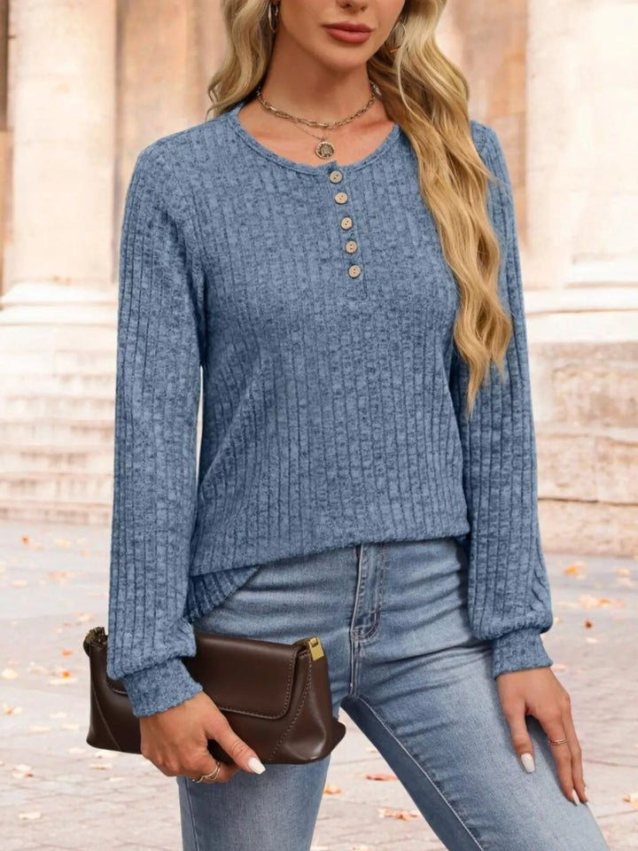 Blue Ribbed knit button henley long sleeve top