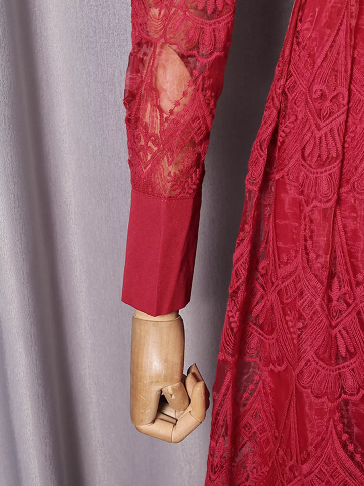 Belted lace button-front midi dress with notched collar