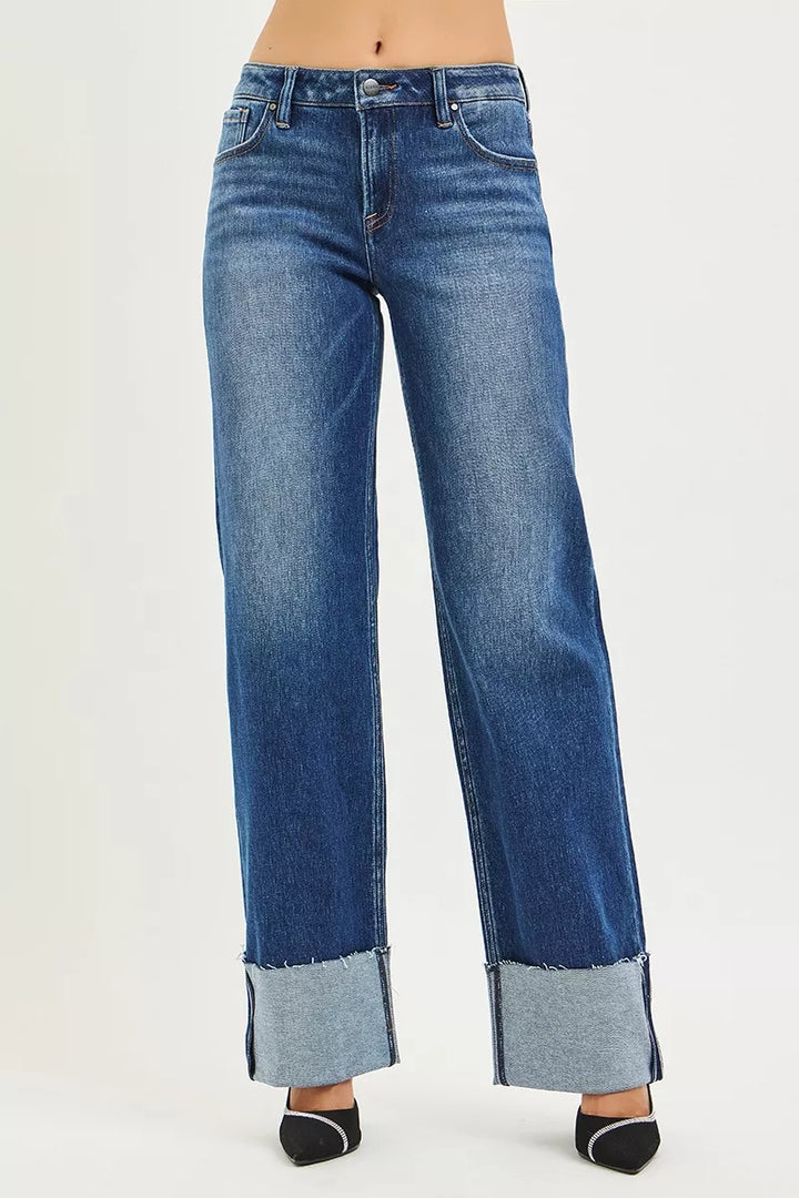 DARK Mid-rise wide straight jeans with cuffed raw hem