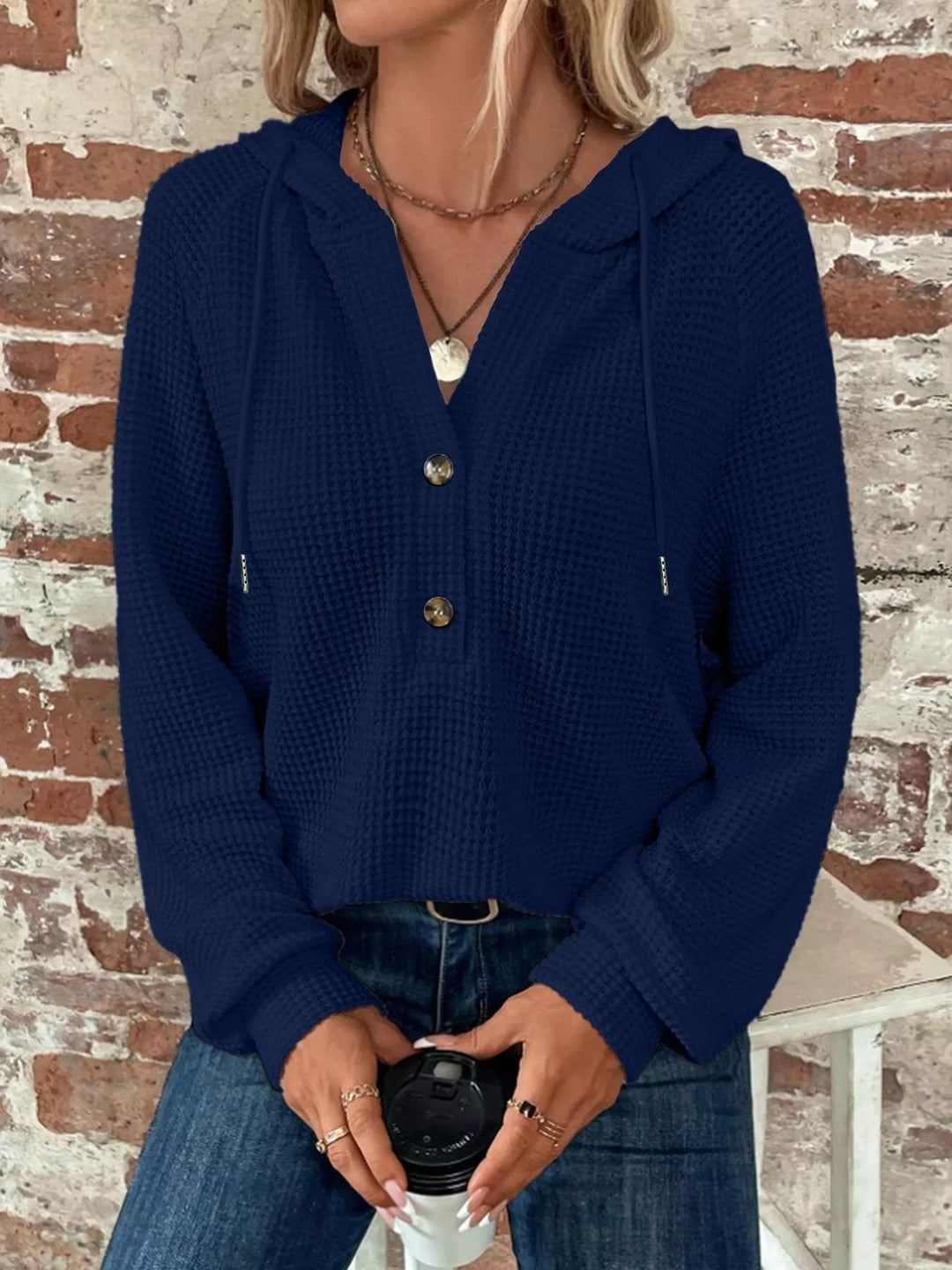 Waffle knit button-front hoodie with drawstring hood