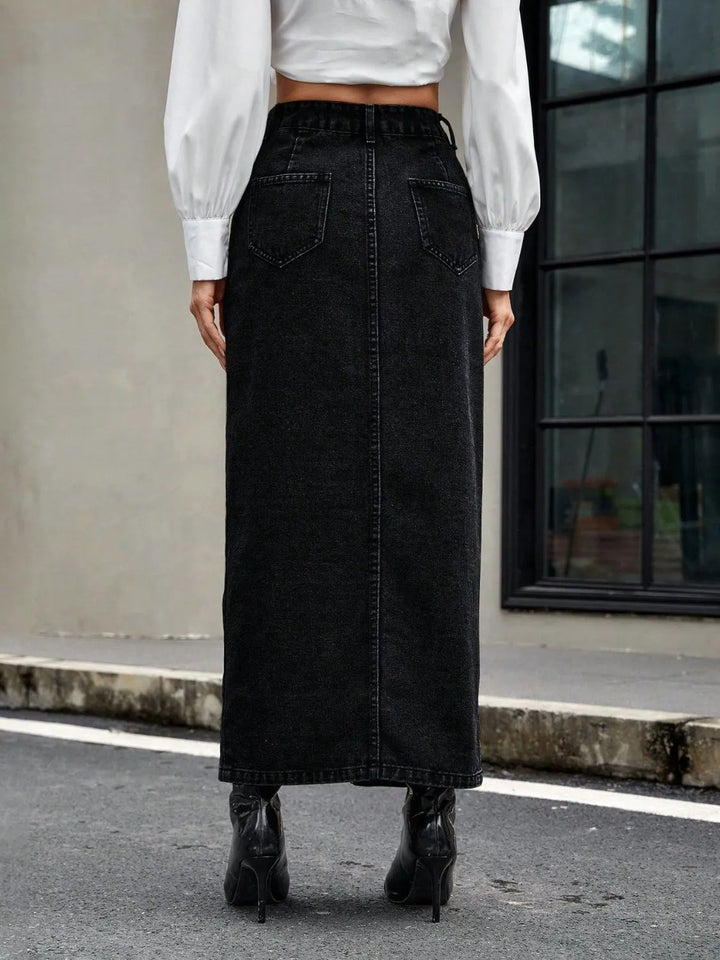 Button-front midi denim skirt with front slit