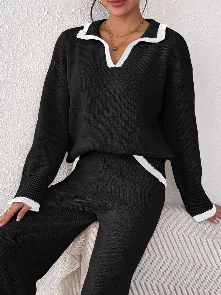 Contrast trim polo collar knit pullover sweater
