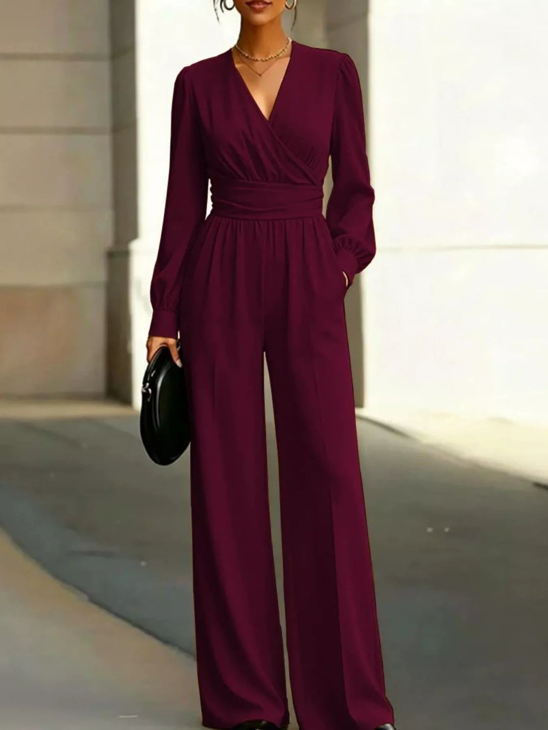 Wine Red Surplice wrap long sleeve wide-leg jumpsuit with pockets