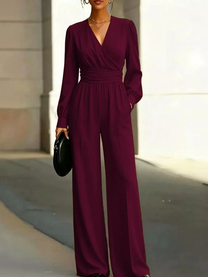 Wine Red Surplice wrap long sleeve wide-leg jumpsuit with pockets