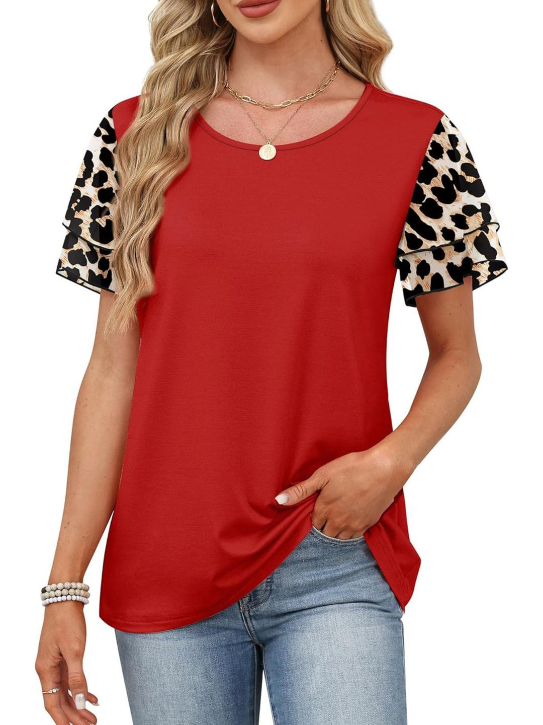 Red Layered leopard ruffle sleeve round neck top