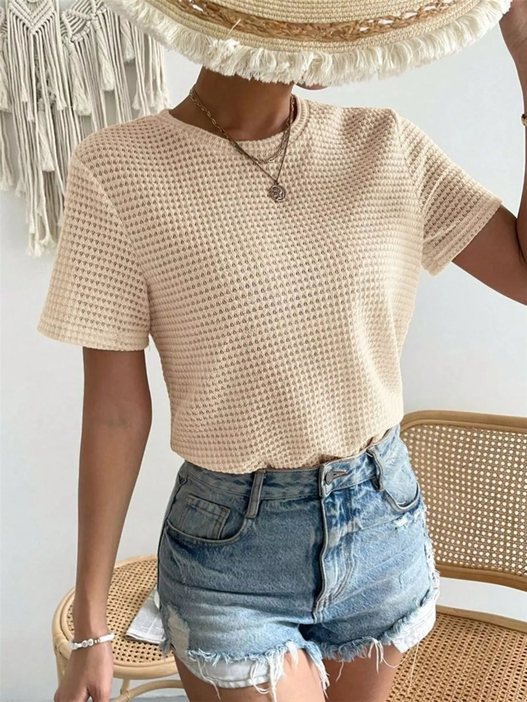 Waffle knit crew neck short sleeve top
