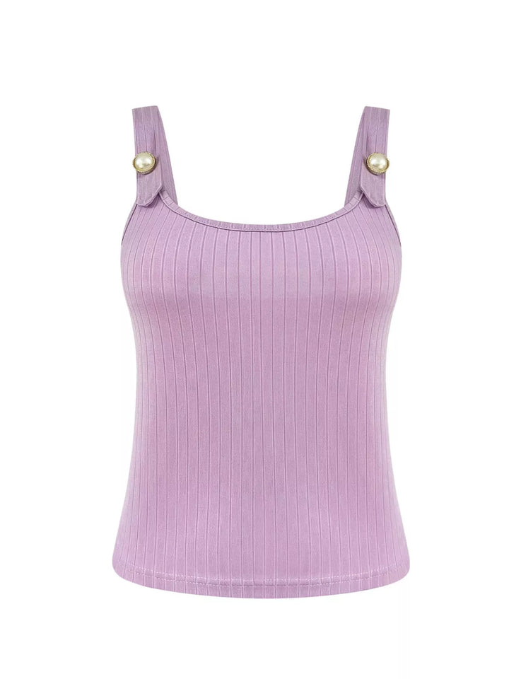 Ribbed scoop neck crop tank with pearl strap buttons
