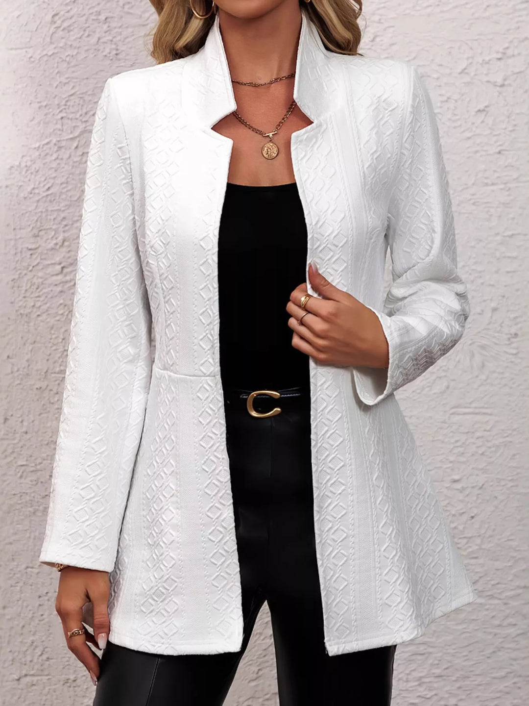 Textured open-front slim blazer with notch lapel