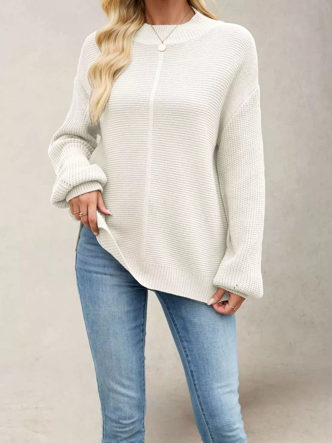 Apricot Ribbed knit mock neck drop shoulder sweater