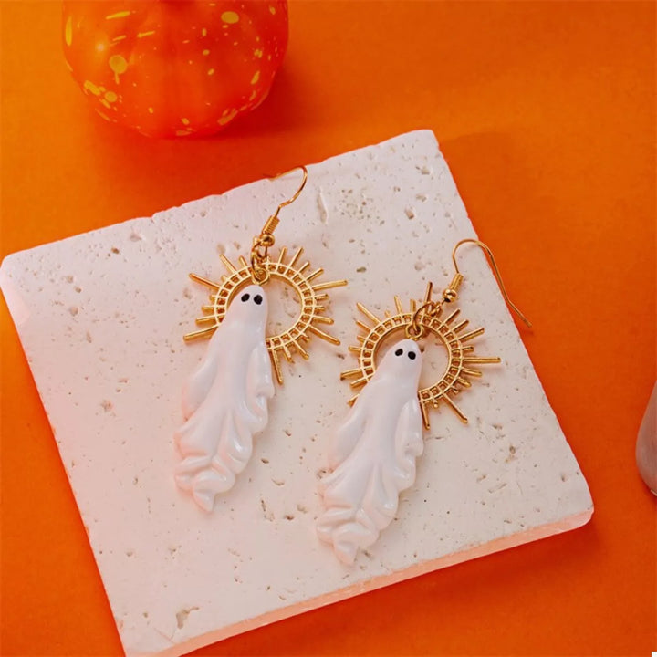 Halloween ghost drop earrings with sunburst halo