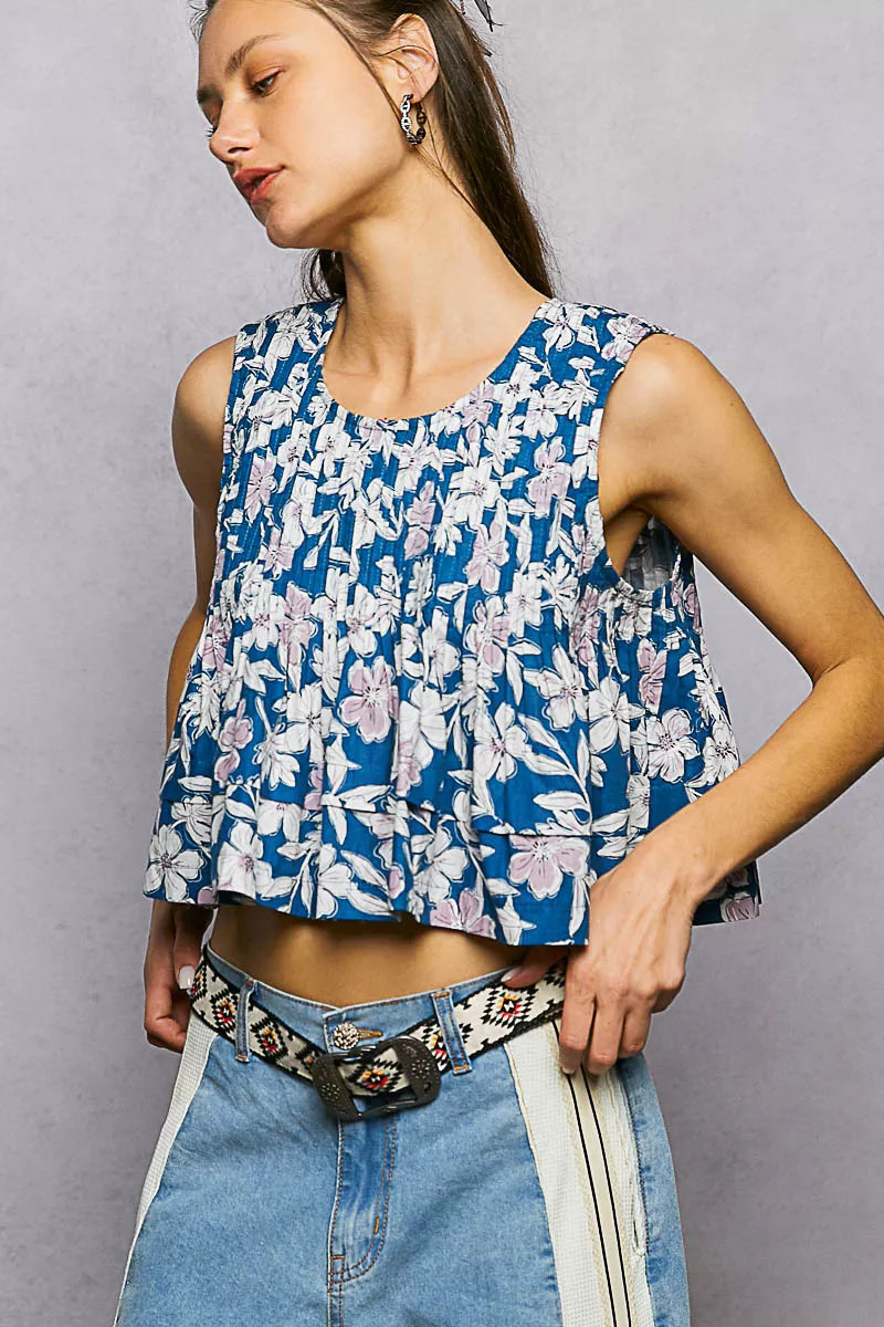 Floral pintuck crop tank with back zipper
