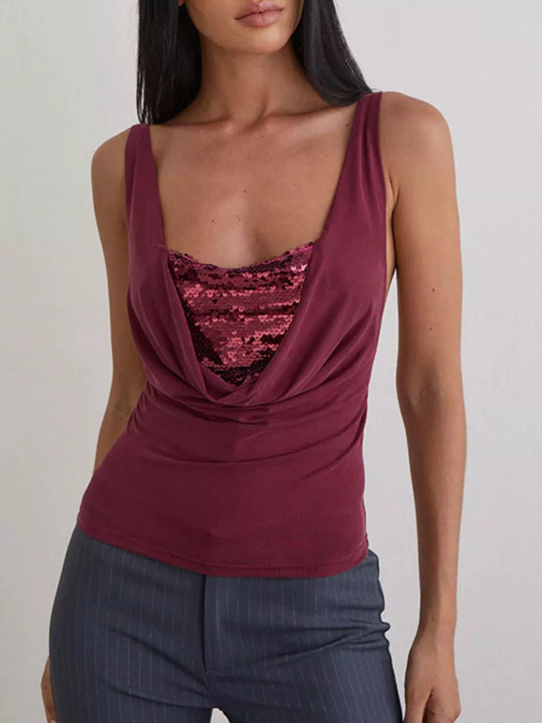 Cowl neck ruched tank top with sequin bust panel