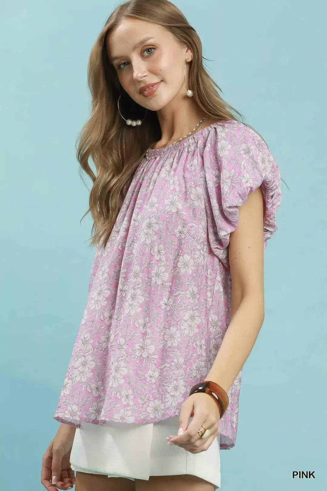 Floral puff sleeve blouse with gathered neckline