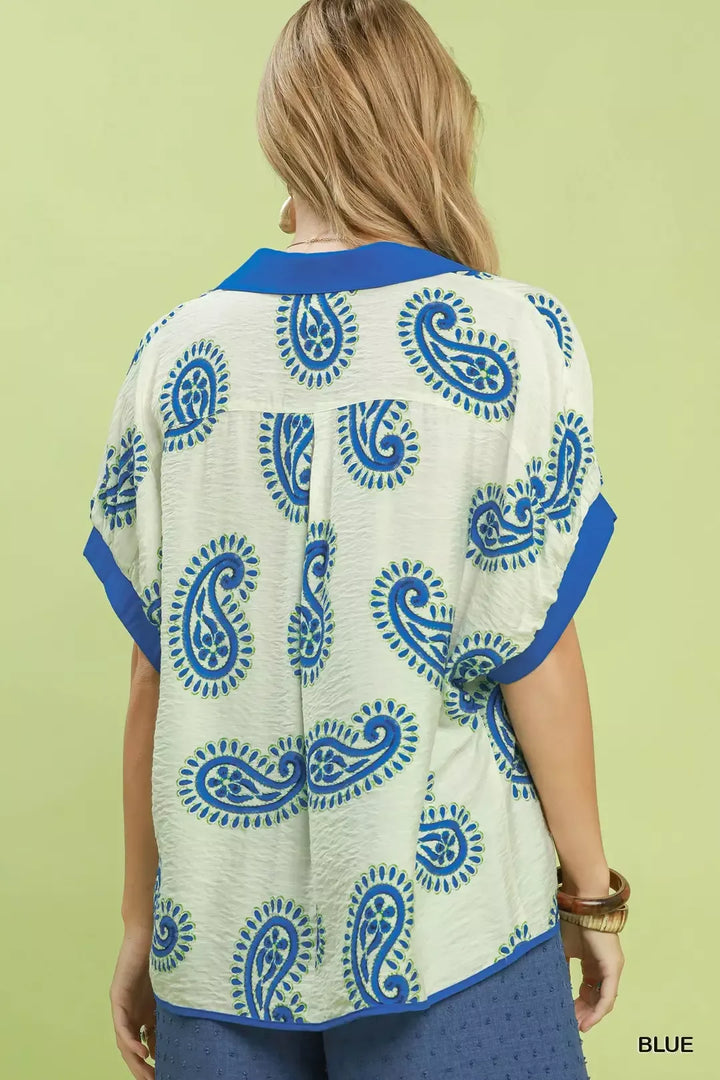 Paisley print contrast-trim short sleeve blouse