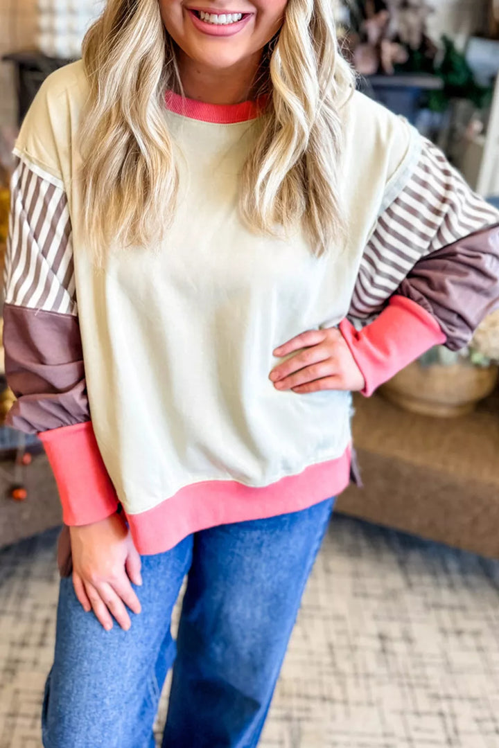 Color block striped dolman sweatshirt with side slit