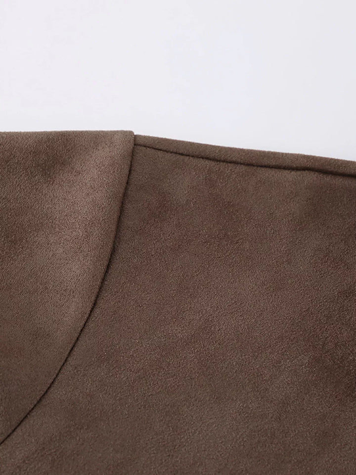 Cropped faux suede zip-up jacket with dropped shoulders