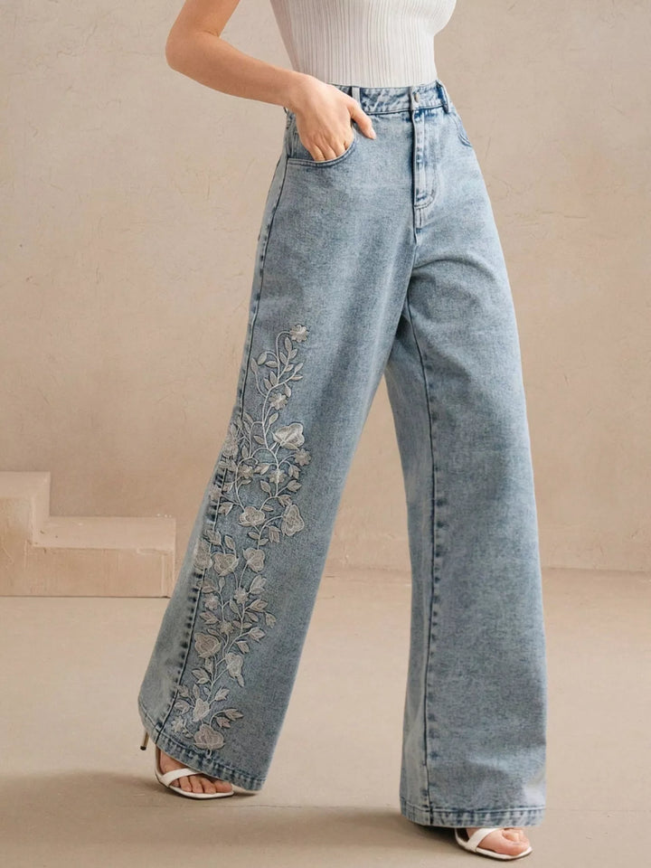 Blue Floral embroidered high-rise wide-leg jeans