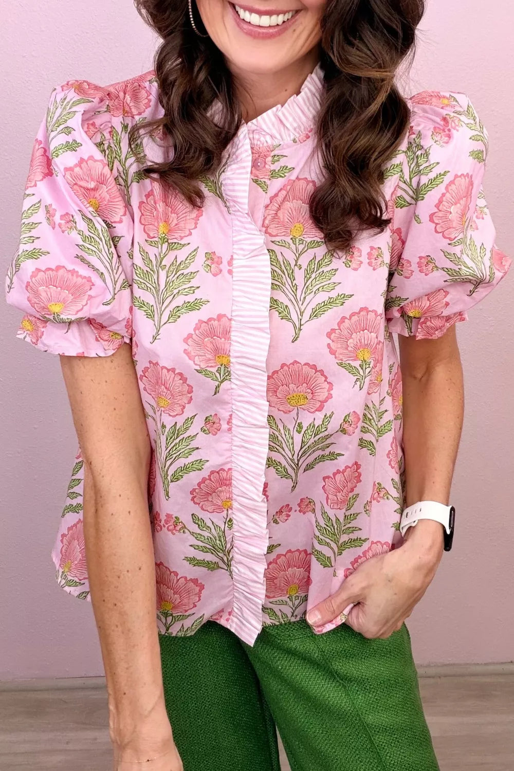 Floral puff sleeve button-front blouse with ruffle trim